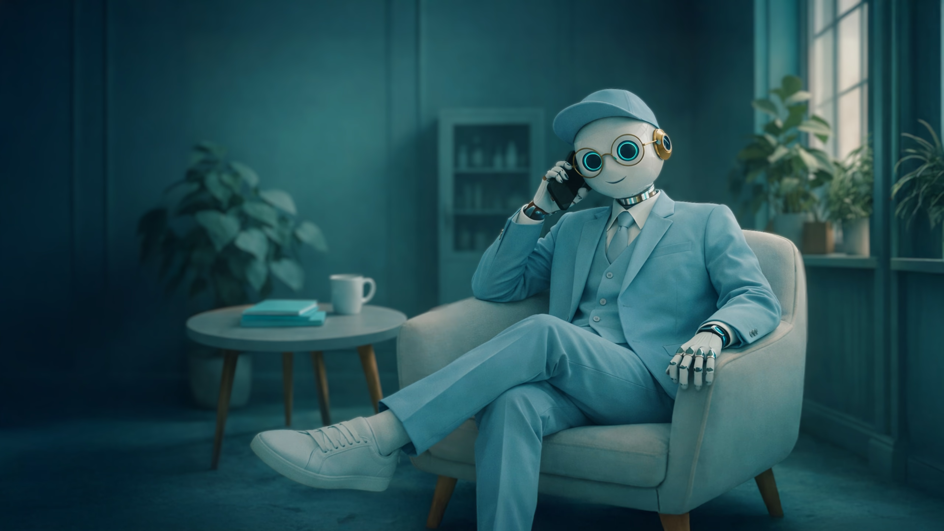 Mister Mind al telefono in poltrona